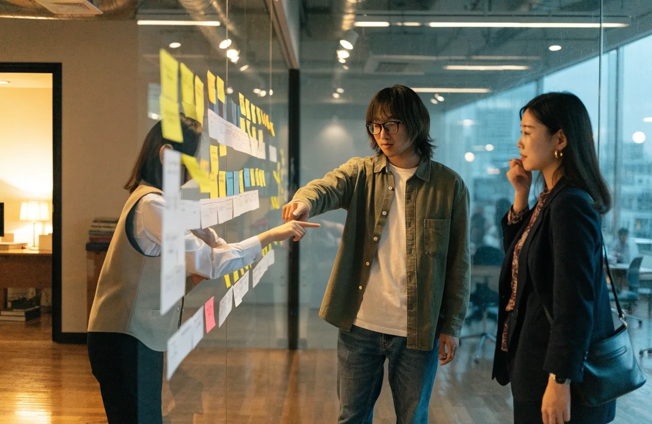 여러 팀의 일정 순서를 유리벽에 붙인 일정표로 함께 맞춰 보는 프로젝트 관리 담당자들