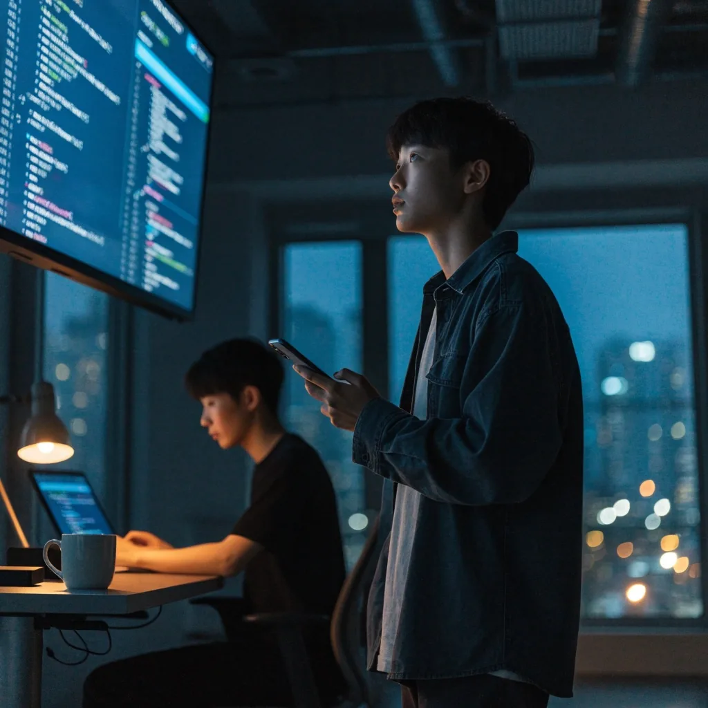자동화 검증 결과를 확인하는 QA 담당자와 옆에서 작업하는 동료