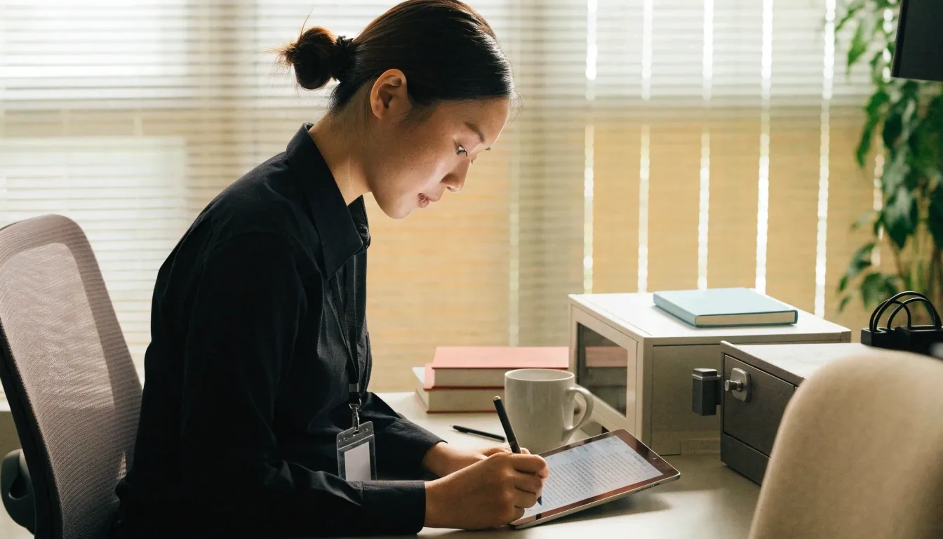 야간 사무실에서 소프트웨어 검토 자료를 정리하는 책상 풍경