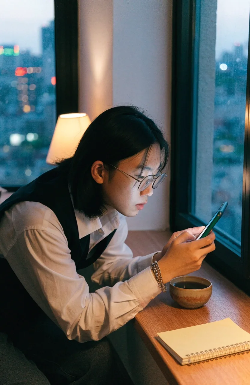 해질 무렵 리뷰어 책상 위 노트북과 소품을 가까이에서 담은 장면