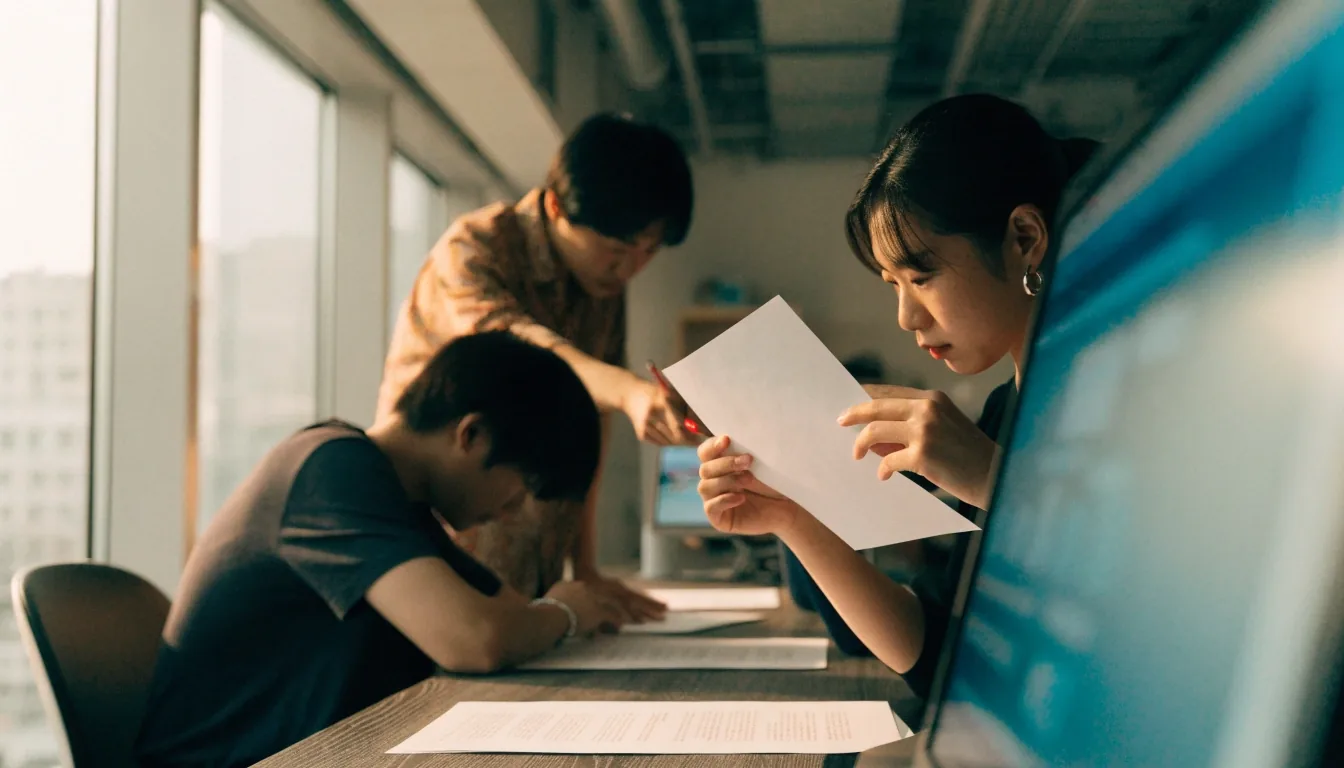 사업자 정보 서류와 데스크 화면을 함께 확인하는 사무실 장면