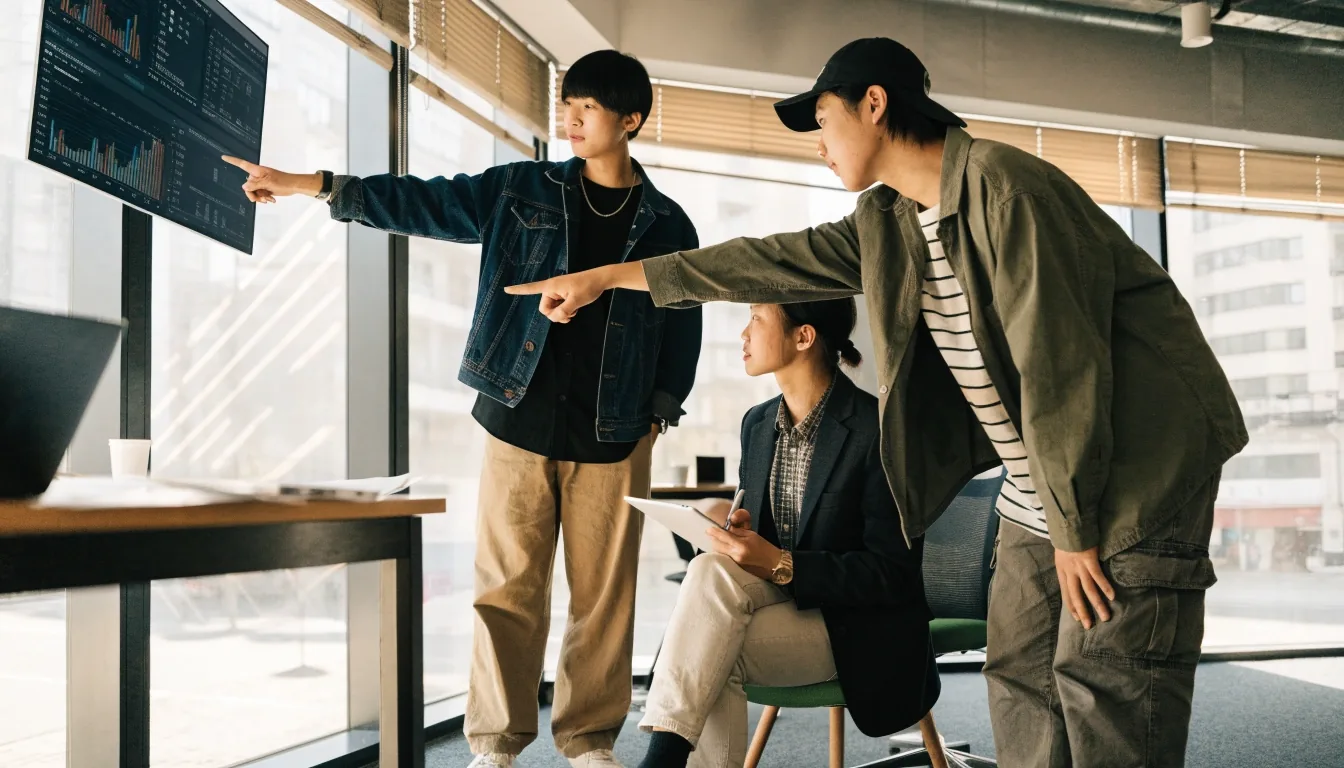 서울 사무실에서 엔드포인트 보안 콘솔을 함께 검토하는 소프트웨어 리뷰 팀