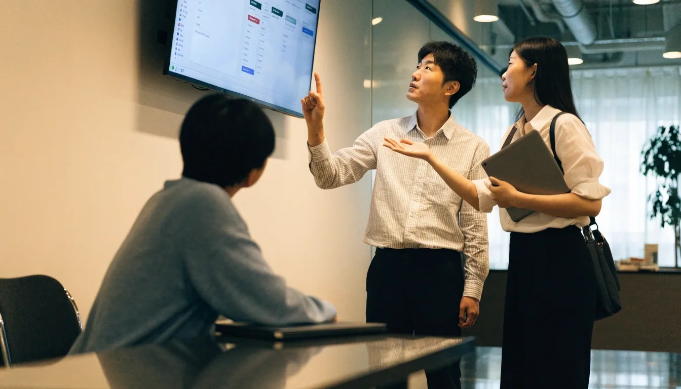 서울 사무실에서 소프트웨어 문서를 검토하는 엑소비라 편집 담당자들