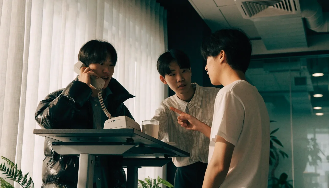 엑소비라 검토팀이 사무실에서 문의 내용을 함께 확인하는 모습